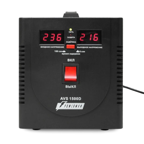 Стабилизатор POWERMAN AVS 1500D, черный, ступенчатый регулятор, цифровые индикаторы уровней напряжения, 1500ВА, 140-260В, максимальный входной ток 10А, 2 евророзетки, IP-20, напольный,  200мм х 160мм х 190мм, 4 кг./ Stabilizer POWERMAN AVS 1500D, black, s фото 1